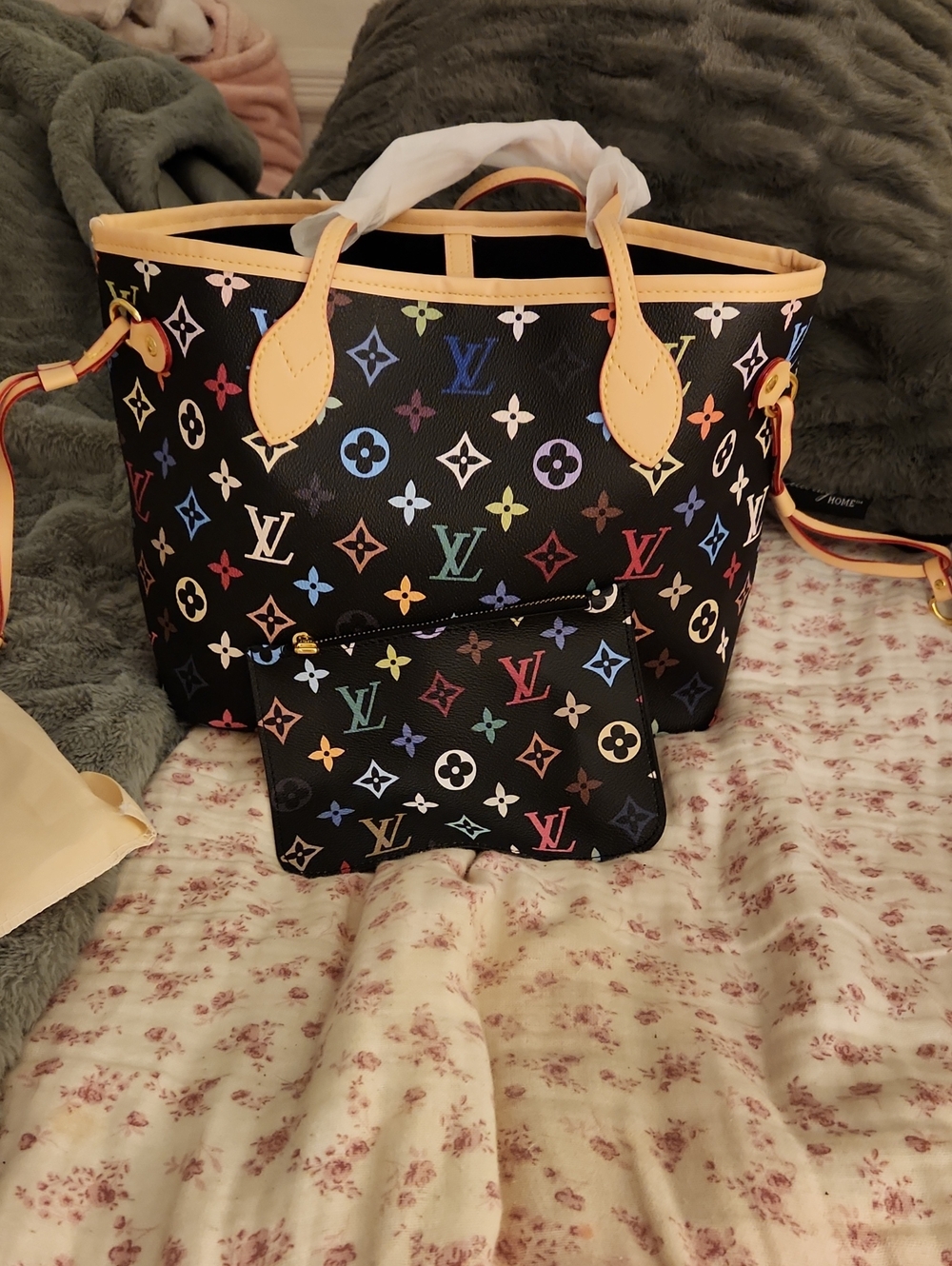 Designer-Inspired Black Multicolor Monogram Tote with Tan Trim